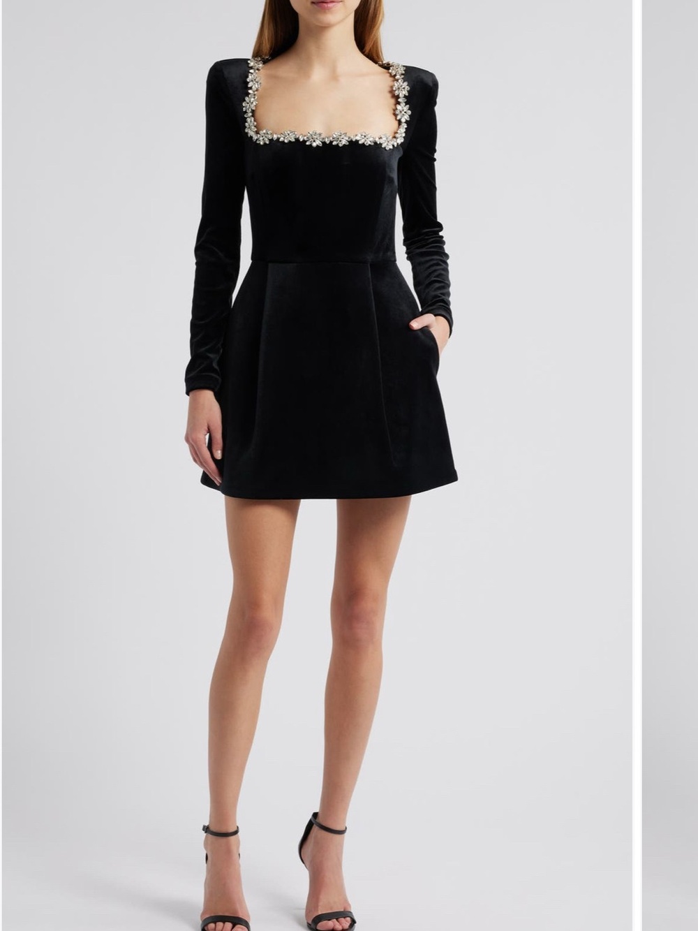 Embellished Black Velvet Mini Dress with Long Sleeves